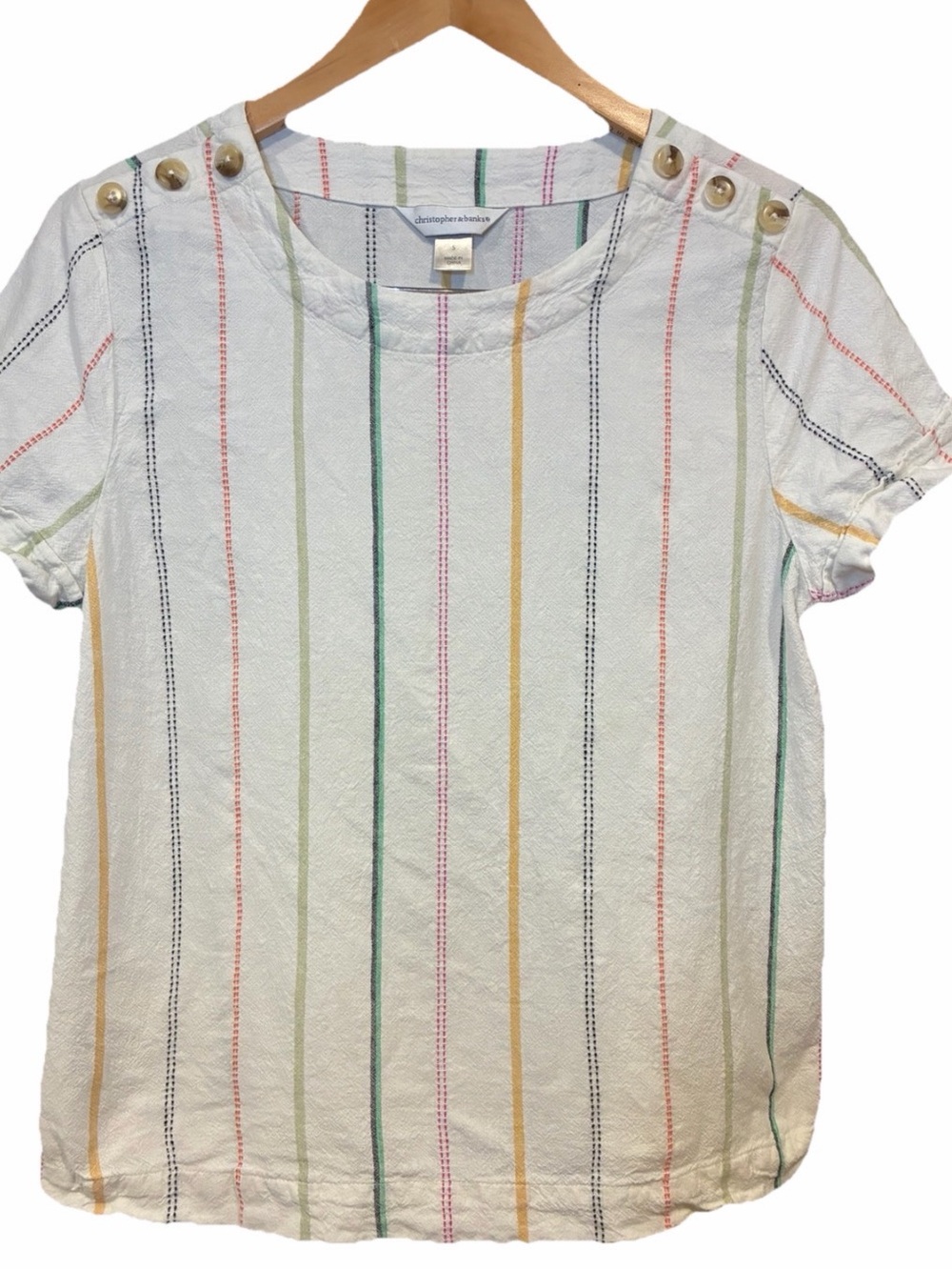 Christopher & Banks White Tee with Multicolor Vertical Stripes size small women’